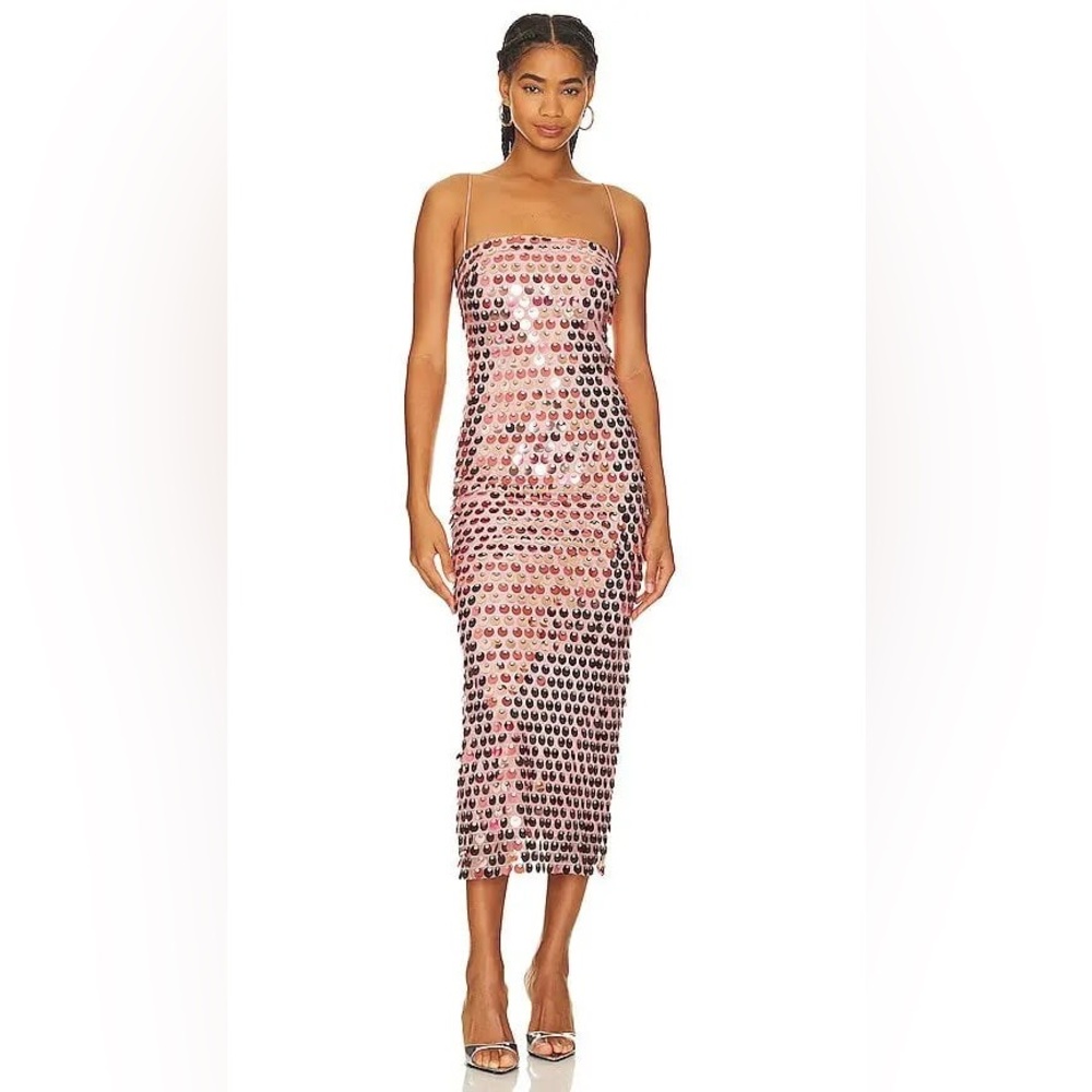 Pink Sequin Slip Midi Dress with Spaghetti Straps